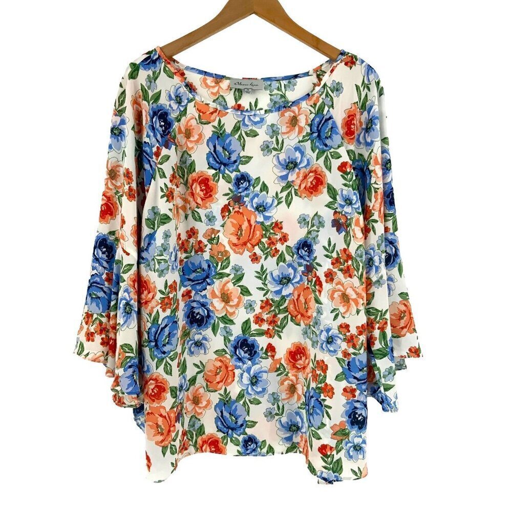 Meera Lane Top Size 2X White Blue Floral Top Boho Style
